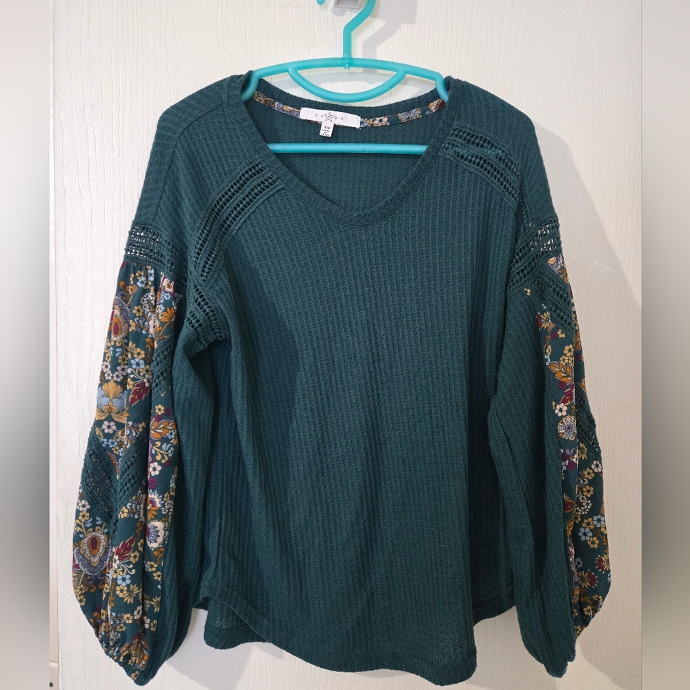 Fever Teal Blouse with Floral Sleeves.